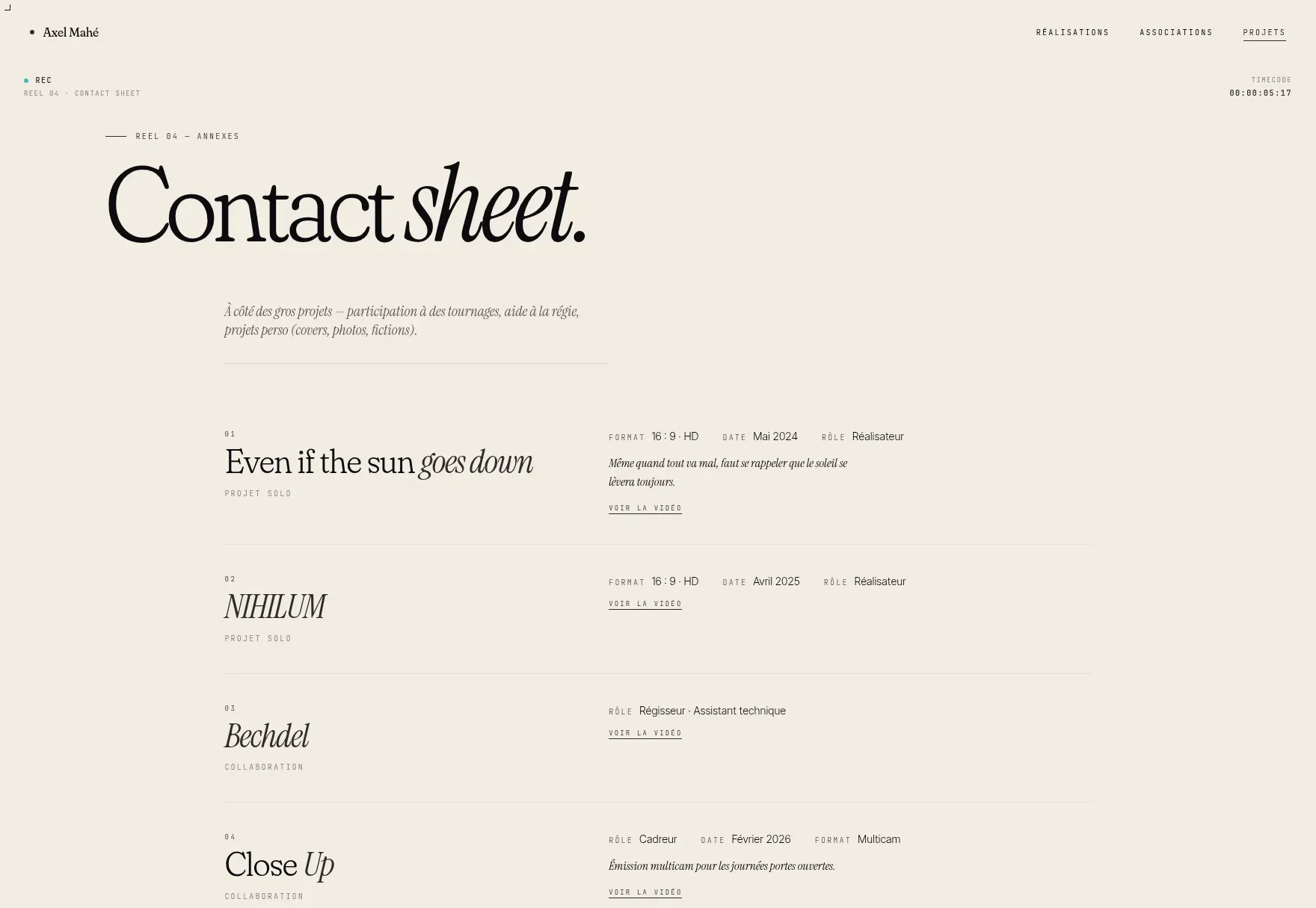 Page projets d'Axel Mahé intitulée "Contact sheet", liste de projets annexes (courts personnels, collaborations) sur fond clair.