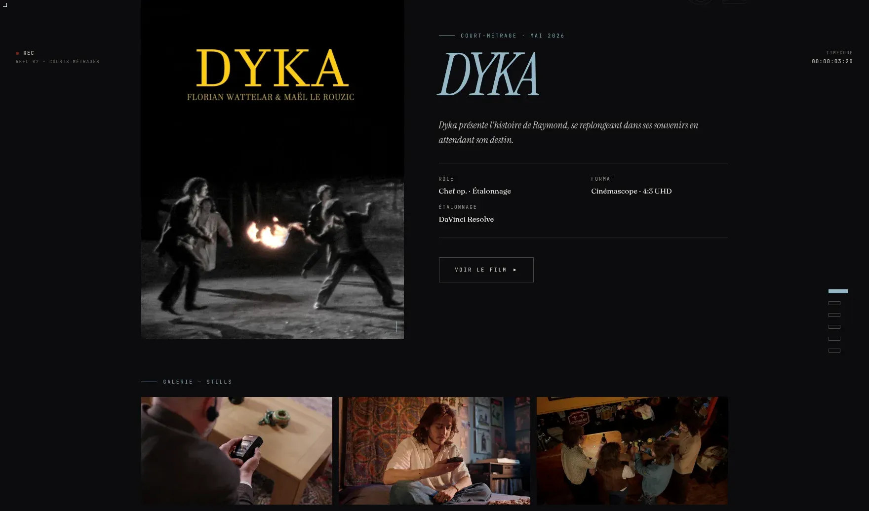 Page réalisations d'Axel Mahé montrant l'affiche du court-métrage DYKA, ses informations techniques (Cinémascope, DaVinci Resolve) et une galerie de photos de tournage.