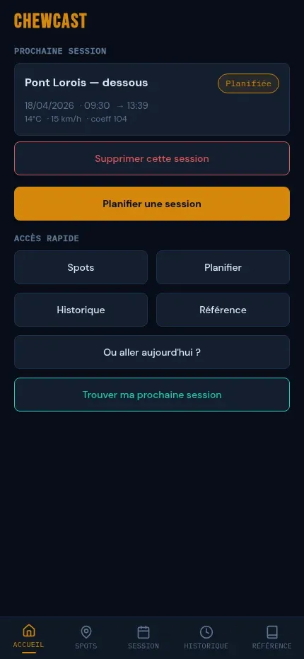 Écran d'accueil de Chewcast : prochaine session planifiée et accès rapides aux sections