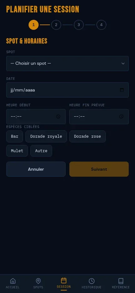 Assistant de planification d'une session en plusieurs étapes : spot, horaires, espèces ciblées