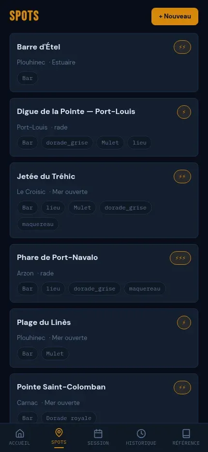 Catalogue des spots de pêche avec commune, type de zone, espèces ciblées et niveau de difficulté